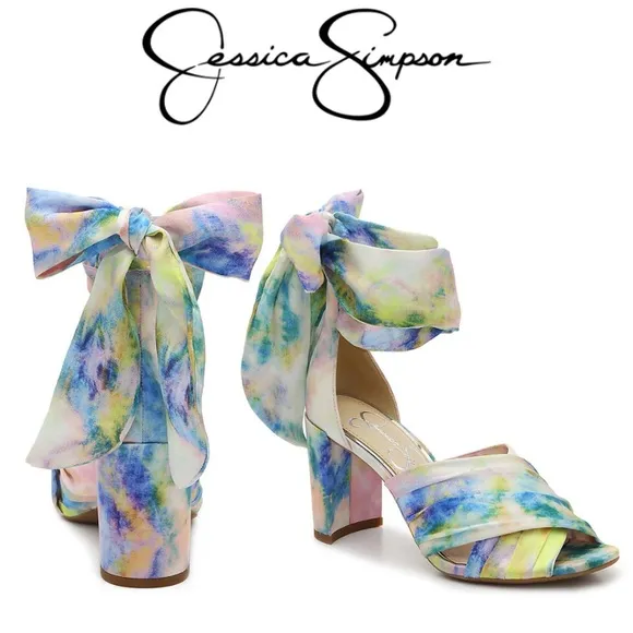 JESSICA SIMPSON NOELENE TIE DYE PEEP TOE ANKLE WRAP BLOCK HEEL SANDALS **NWOT**