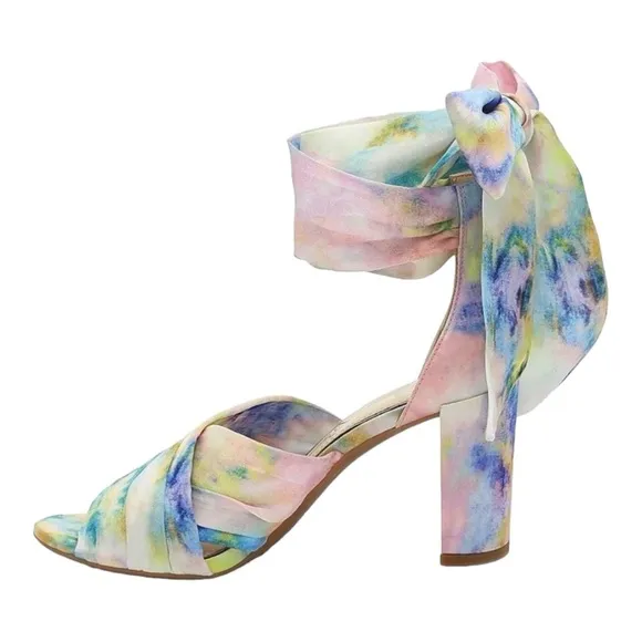 JESSICA SIMPSON NOELENE TIE DYE PEEP TOE ANKLE WRAP BLOCK HEEL SANDALS **NWOT**