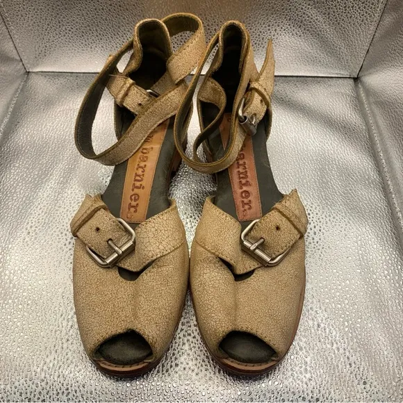 Jim Barnier Womens 9 Leather Sandals Peep Toe Ankle Wrap Brown Gold Shimmer F4