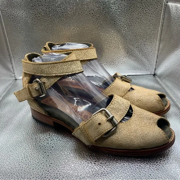 Jim Barnier Womens 9 Leather Sandals Peep Toe Ankle Wrap Brown Gold Shimmer F4