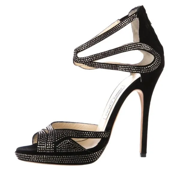 Jimmy Choo 10 CRYSTAL Platform DOMINO Sandals Ankle-Wrap Suede Heels Sexy 40