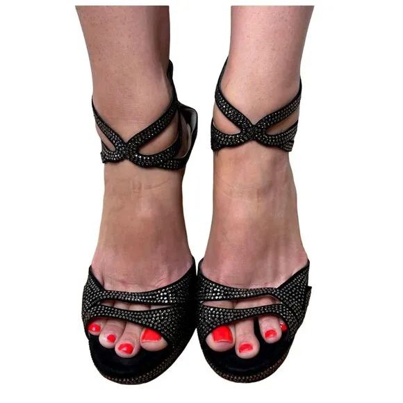 Jimmy Choo 10 CRYSTAL Platform DOMINO Sandals Ankle-Wrap Suede Heels Sexy 40