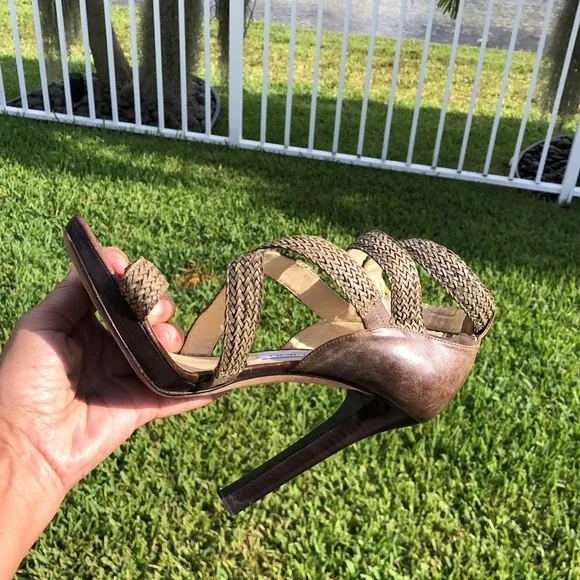 JIMMY CHOO OLIVE GREEN WOVEN WRAP ANKLE STRAP PLATFORM SANDALS SIZE 38 1/2