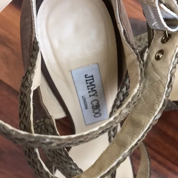 JIMMY CHOO OLIVE GREEN WOVEN WRAP ANKLE STRAP PLATFORM SANDALS SIZE 38 1/2