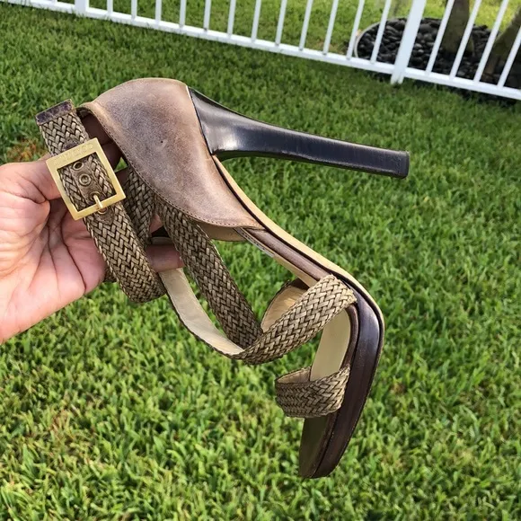 JIMMY CHOO OLIVE GREEN WOVEN WRAP ANKLE STRAP PLATFORM SANDALS SIZE 38 1/2