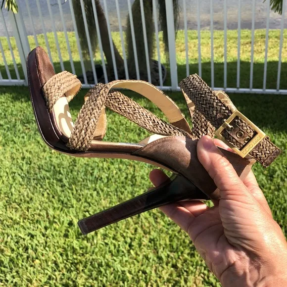 JIMMY CHOO OLIVE GREEN WOVEN WRAP ANKLE STRAP PLATFORM SANDALS SIZE 38 1/2