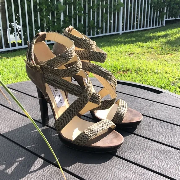 JIMMY CHOO OLIVE GREEN WOVEN WRAP ANKLE STRAP PLATFORM SANDALS SIZE 38 1/2