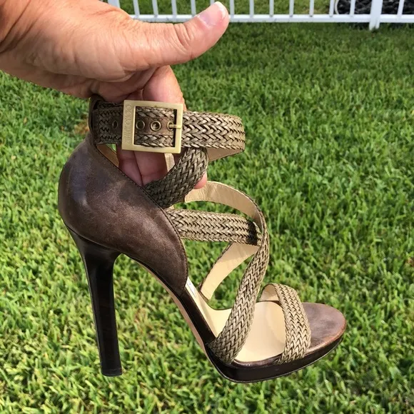JIMMY CHOO OLIVE GREEN WOVEN WRAP ANKLE STRAP PLATFORM SANDALS SIZE 38 1/2