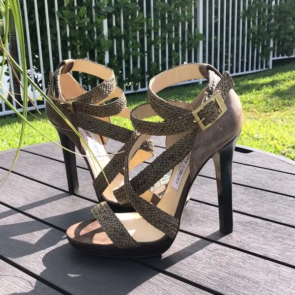 JIMMY CHOO OLIVE GREEN WOVEN WRAP ANKLE STRAP PLATFORM SANDALS SIZE 38 1/2