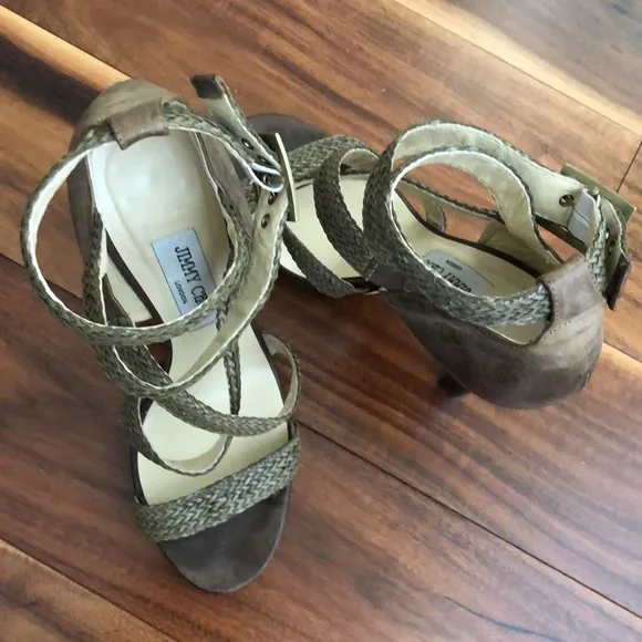 JIMMY CHOO OLIVE GREEN WOVEN WRAP ANKLE STRAP PLATFORM SANDALS SIZE 38 1/2
