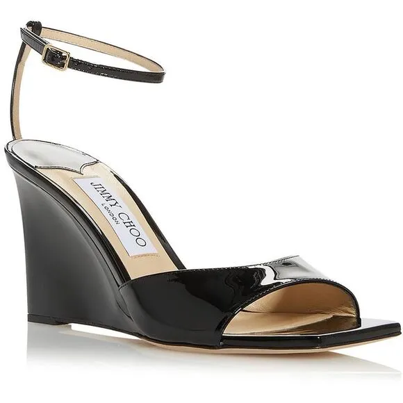 Jimmy Choo Womens Brien 85 Black Patent Leather Wedge Sandals Shoes