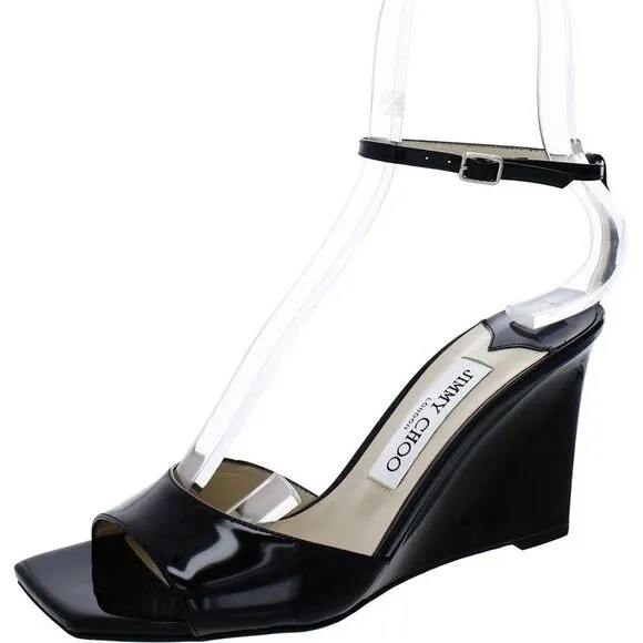 Jimmy Choo Womens Brien 85 Black Patent Leather Wedge Sandals Shoes