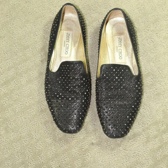 Jimmy Choo Women's Size 38 / US 7.5 Black Silver Studded Flats EUC!