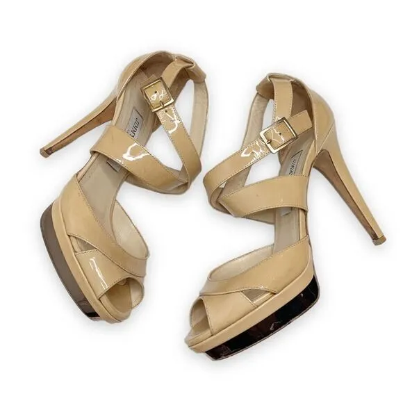 Jimmy Choo Women's Natural Beige Patent Leather Kuki Sandal Platform Size 38.5
