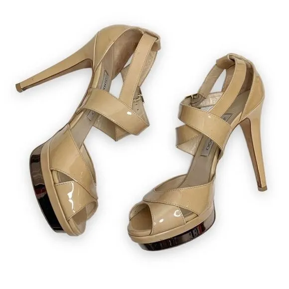 Jimmy Choo Women's Natural Beige Patent Leather Kuki Sandal Platform Size 38.5