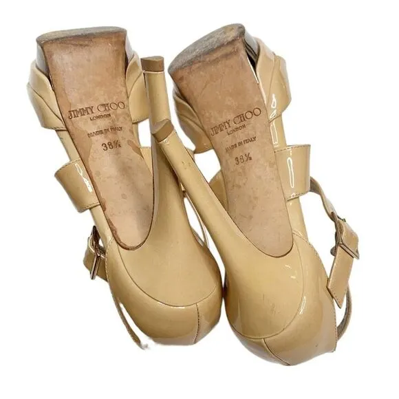 Jimmy Choo Women's Natural Beige Patent Leather Kuki Sandal Platform Size 38.5