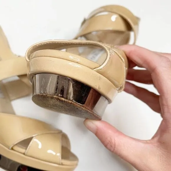 Jimmy Choo Women's Natural Beige Patent Leather Kuki Sandal Platform Size 38.5