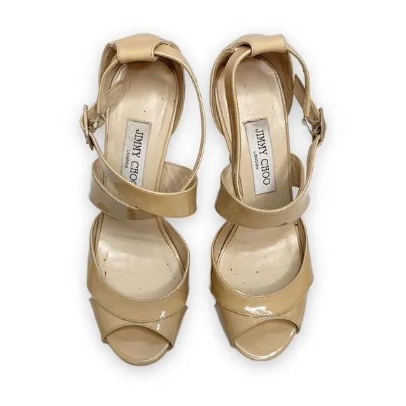 Jimmy Choo Women's Natural Beige Patent Leather Kuki Sandal Platform Size 38.5