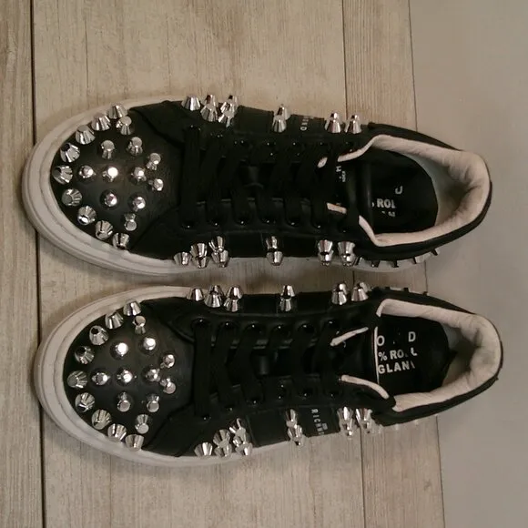 John Richmond Luxury black silver studs leather biker sneakers style Size 35