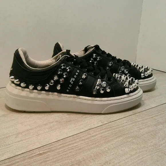 John Richmond Luxury black silver studs leather biker sneakers style Size 35