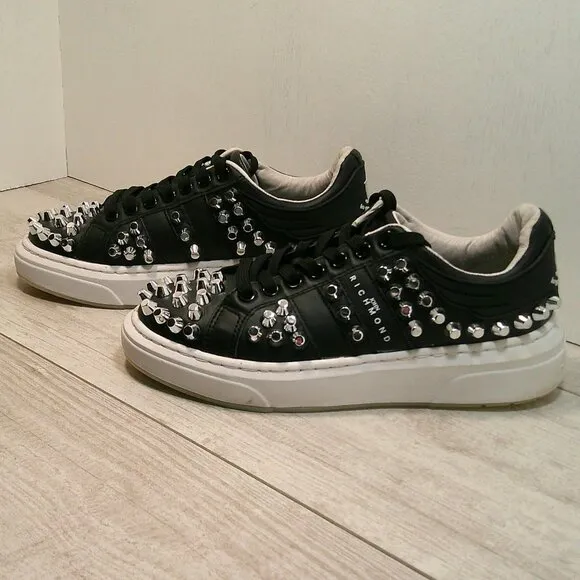 John Richmond Luxury black silver studs leather biker sneakers style Size 35