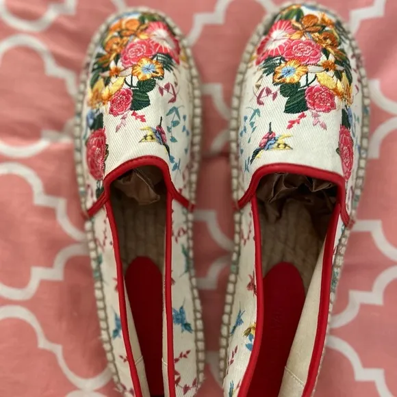Johnny Was Floral Espadrilles with Red Trim