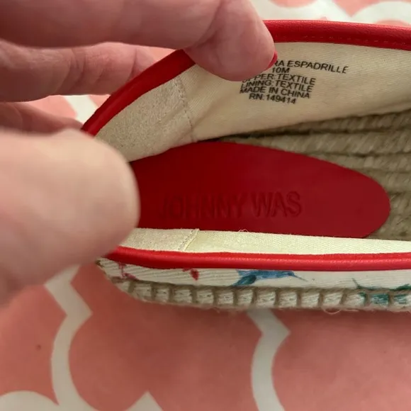Johnny Was Floral Espadrilles with Red Trim