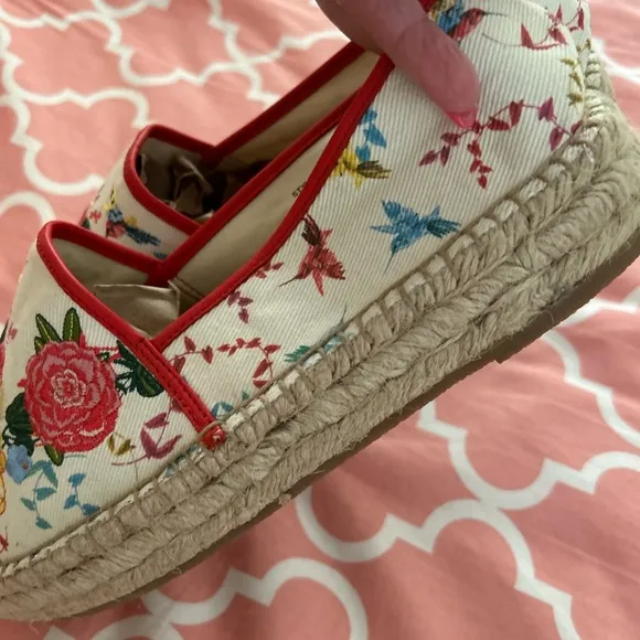 Johnny Was Floral Espadrilles with Red Trim