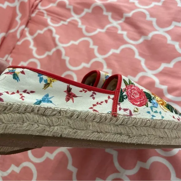 Johnny Was Floral Espadrilles with Red Trim