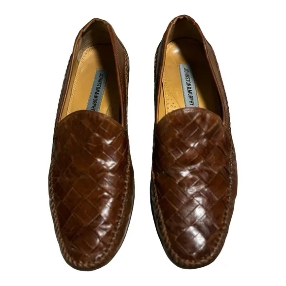 Johnston &amp; Murphy Chestnut Brown Leather Loafers Size 10.5 M Basket Weave