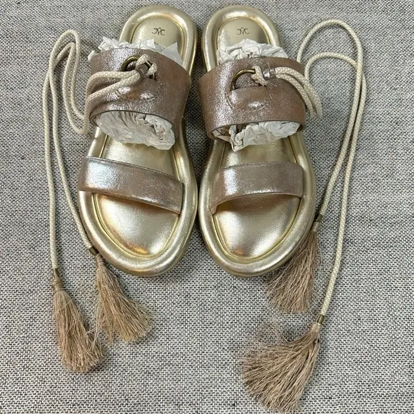 Johnston &amp; Murphy Zoey Ankle Wrap Sandals Taupe Metallic Kid Suede Size 9 Boho