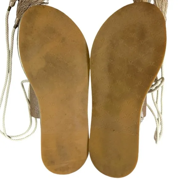 Johnston &amp; Murphy Zoey Ankle Wrap Sandals Taupe Metallic Kid Suede Size 9 Boho