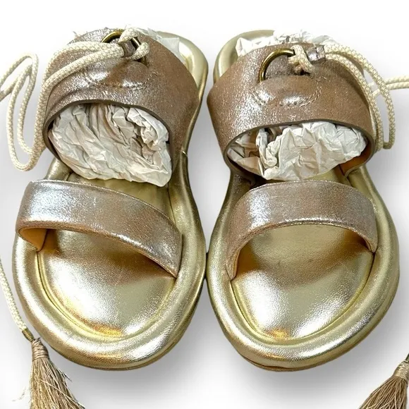 Johnston &amp; Murphy Zoey Ankle Wrap Sandals Taupe Metallic Kid Suede Size 9 Boho