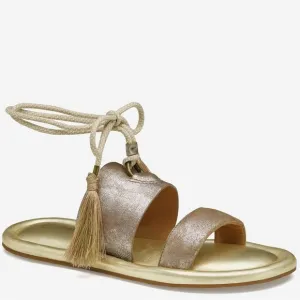 Johnston &amp; Murphy Zoey Ankle Wrap Sandals Taupe Metallic Kid Suede Size 9 Boho