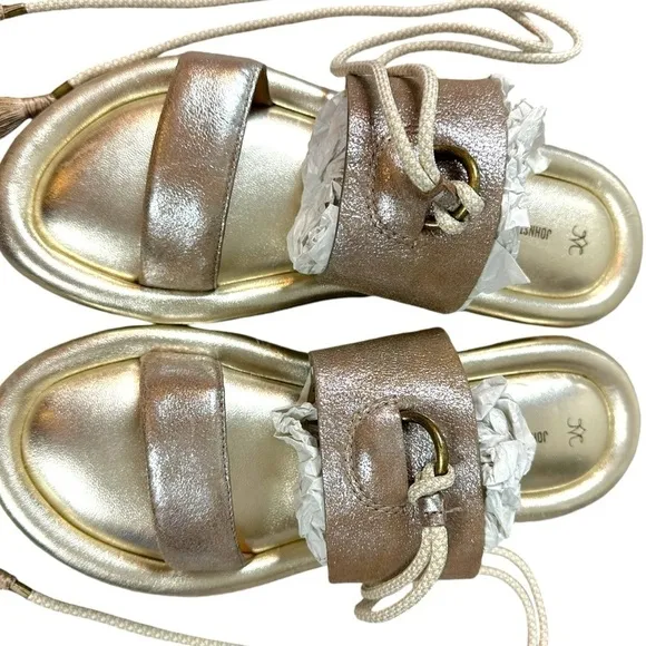 Johnston &amp; Murphy Zoey Ankle Wrap Sandals Taupe Metallic Kid Suede Size 9 Boho