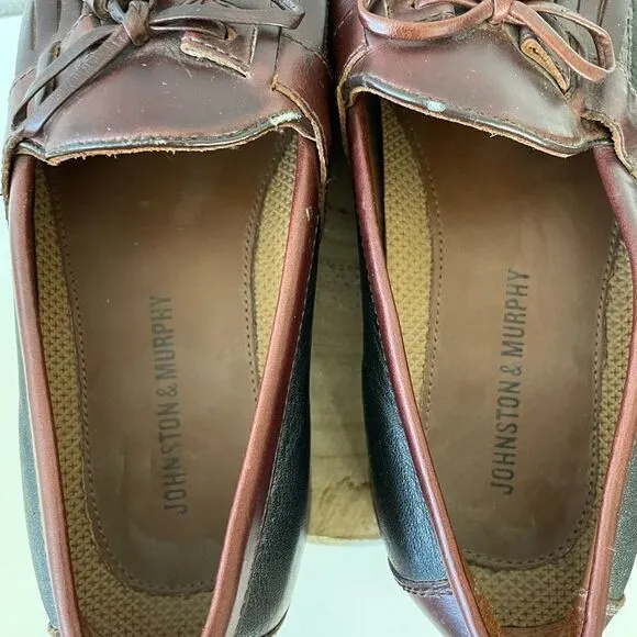 Johnston &amp; Murphy Two Tone Brown and Black Tassel Kiltie Loafer Shoes 7.5M EUC
