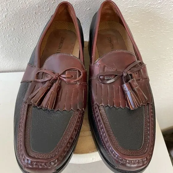 Johnston &amp; Murphy Two Tone Brown and Black Tassel Kiltie Loafer Shoes 7.5M EUC