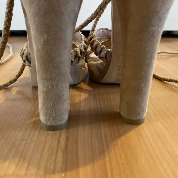 Joie Flo Ankle Wrap Suede Braided Sandals High Heel Tassels Size 35.5 / US 5.5