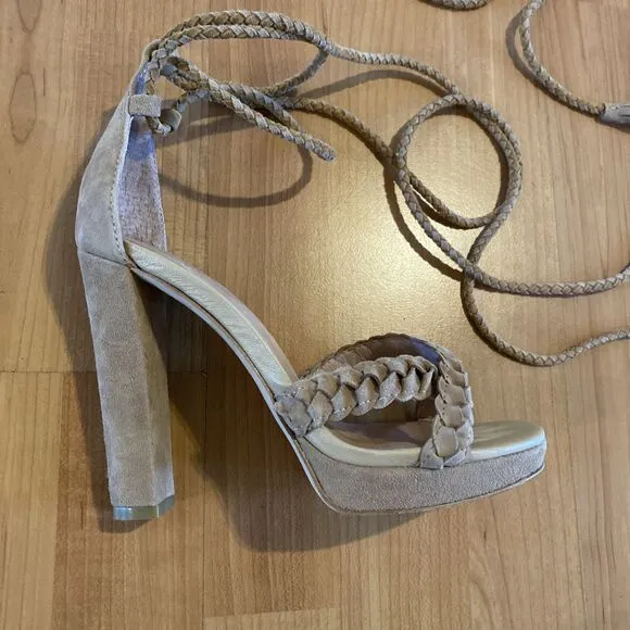Joie Flo Ankle Wrap Suede Braided Sandals High Heel Tassels Size 35.5 / US 5.5