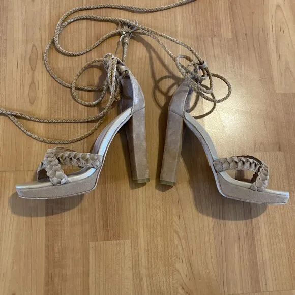 Joie Flo Ankle Wrap Suede Braided Sandals High Heel Tassels Size 35.5 / US 5.5