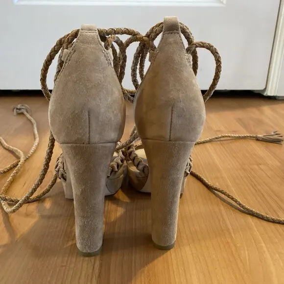 Joie Flo Ankle Wrap Suede Braided Sandals High Heel Tassels Size 35.5 / US 5.5