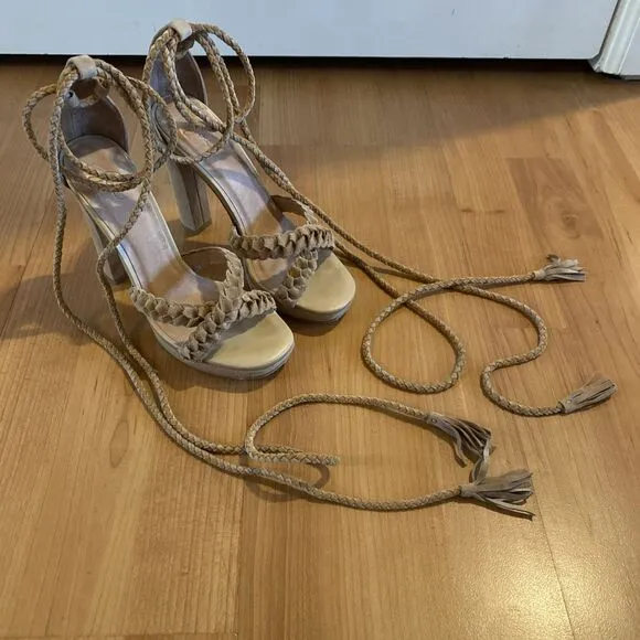Joie Flo Ankle Wrap Suede Braided Sandals High Heel Tassels Size 35.5 / US 5.5