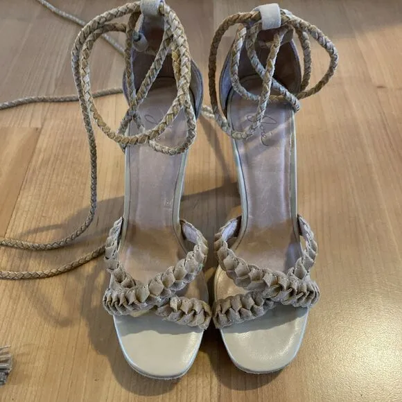 Joie Flo Ankle Wrap Suede Braided Sandals High Heel Tassels Size 35.5 / US 5.5