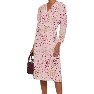 Joie Women Acantha Print Lilac Midi Tie Long Sleeve V Neck Wrap Dress Size S