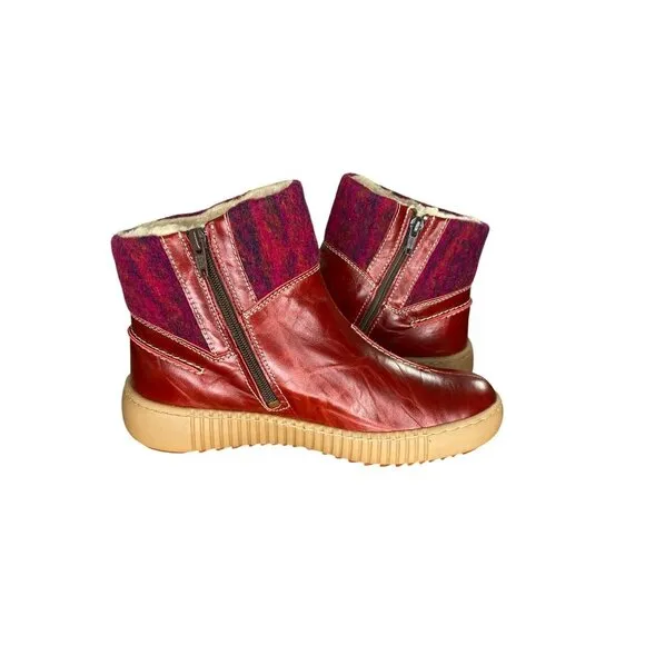 Josef Seibel Maren 22 Red Leather &amp; Wool Ankle Boots With Sherpa Lining Size 6