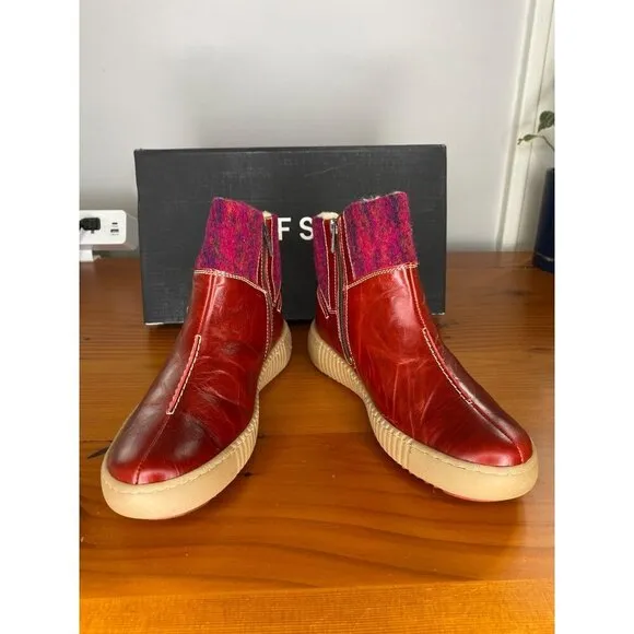 Josef Seibel Maren 22 Red Leather &amp; Wool Ankle Boots With Sherpa Lining Size 6