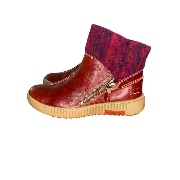 Josef Seibel Maren 22 Red Leather &amp; Wool Ankle Boots With Sherpa Lining Size 6