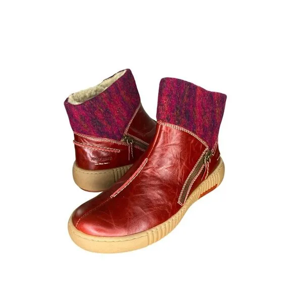 Josef Seibel Maren 22 Red Leather &amp; Wool Ankle Boots With Sherpa Lining Size 6