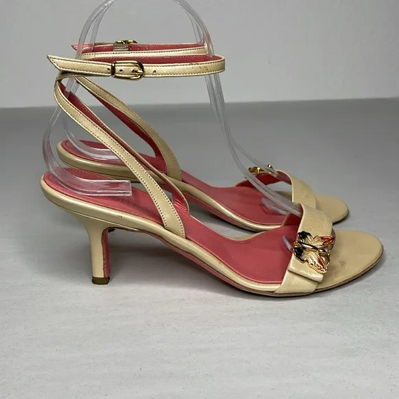 Judith Leiber Nude Leather Butterfly Ankle Strap Kitten Heel Sandals Size 6.5