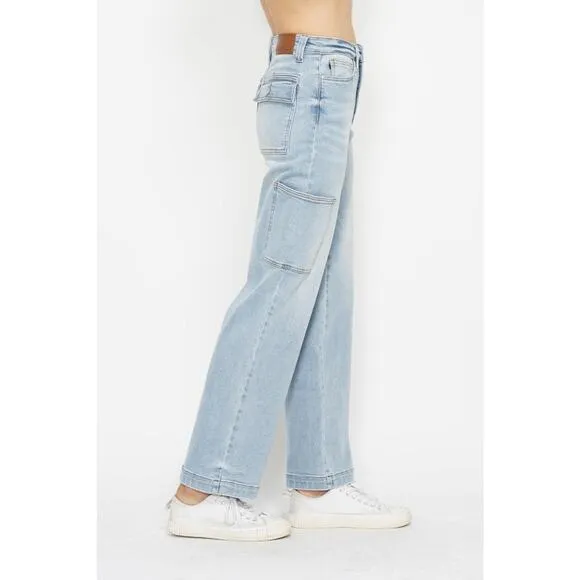 Judy Blue High Rise Waist Cargo Pockets Zip Fly Light Wash Straight Denim Jeans
